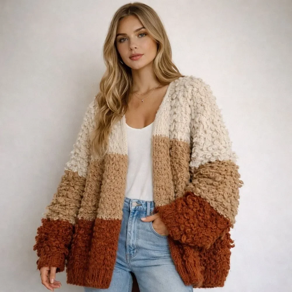 Oversized Slouchy Women’s Color Block Chunky Open Front Cardigan Sweater Medium